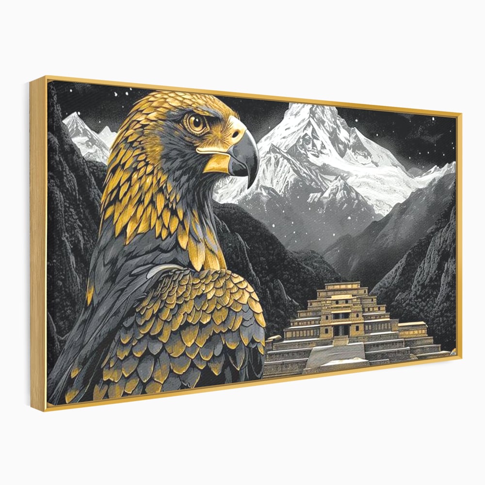 Tablou canvas cu tablou canvas cu vultur si templu aztec, in rama de aluminiu auriu